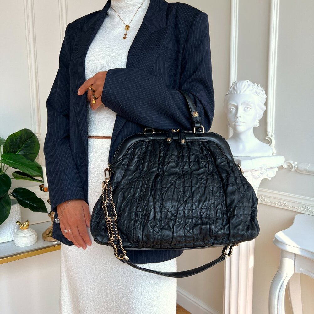 Authentic Christian Dior Gaufre Cannage Leather Black Lambskin Delices Bag B0722